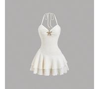 Nuovo abito da spiaggia da donna a vita alta con colletto a lacci, decorato con stelle dorate, a doppio strato con volant a-line, colore albicocca, adatto per il tè pomeridiano, il picnic al parco L,M