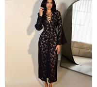 Nuovo abito elegante da donna in autunno, con scollo a V profondo, maniche a trombetta, pizzo spesso e colletto aperto, adatto per feste, matrimoni, appuntamenti e uscite L,M,S,XL,XXLPiantePizzo
