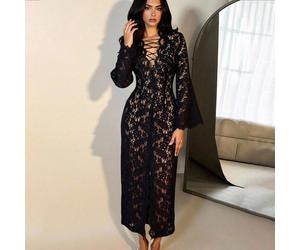 Nuovo abito elegante da donna in autunno, con scollo a V profondo, maniche a trombetta, pizzo spesso e colletto aperto, adatto per feste, matrimoni, appuntamenti e uscite L,M,S,XL,XXLPiantePizzo