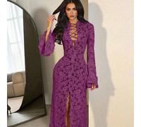 Nuovo abito elegante da donna in autunno, con scollo a V profondo, maniche lunghe a tromba, in pizzo spesso e morbido, con colletto aperto, adatto per feste, matrimoni, appuntamenti e uscite L,M,S,XLP