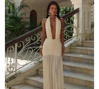 Nuovo abito elegante da donna in colore unito con scollo a V profondo, collo annodato, plissettato, slim, in tessuto a rete, abito lungo, abito da damigella, adatto per partecipare a matrimoni, fare d