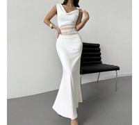 Nuovo abito elegante e grazioso da donna per vacanze, viaggi, appuntamenti romantici, in bianco, senza maniche, con scollo profondo, fibbia in vita, in tulle trasparente con volant e coda a sirena L,M