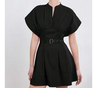 Nuovo abito elegante e semplice di stile europeo e americano, di alta gamma, per pendolari, con collo alla coreana, maniche a palloncino, design arricciato, linea ad A e cintura, per un look snellente