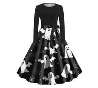 Nuovo Abito Halloween Donna con Zucca Fantasma Stampa, Elegante Vita Alta Vestito Gotico Donna Vita Alta Vestiti Medievali con Coulisse Abiti Manica Lunga A-Line Vestiti per Halloween Costume Feste