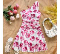 Nuovo abito in maglia con vita elastica e volant monospalla, elegante, adatto per vacanze. Snellente e versatile, adatto per Pasqua, vacanze, casual, boho, occidentale, festival musicali, campagna, br