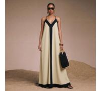 Nuovo abito lungo casual stile europeo tropicale modesto in lino bohémien da spiaggia e vacanza elegante con blocchi di colore e scollo all'americana beige estivo 100% cotone L,M,S,XL,XSBlocchi di col