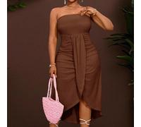 Nuovo abito lungo da donna con motivo verticale giallo, per la primavera e l'estate, casual e da vacanza, con design a pieghe sovrapposte sulla parte anteriore centrale, orlo curvo, corto davanti e lu