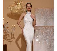 Nuovo abito lungo fasciante e sexy con paillettes, collo aderente, senza maniche, adatto per cene formali, feste di compleanno, feste di carnevale e pasqua, elegante abito da cerimonia per le signore