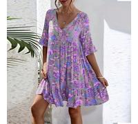 Nuovo abito midi da donna in stile boho con scollo a V e stampa floreale, per il commercio elettronico transfrontaliero UE/USA 1XL,2XL,3XL,4XL,5XLstampa dappertuttoTessuto in maglia