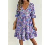 Nuovo abito midi da donna stile boho con scollo a V e stampa floreale, elegante per il commercio elettronico transfrontaliero UE/USA, taglie forti 1XL,2XL,3XL,4XL,5XLTessuto in maglia