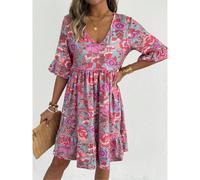 Nuovo abito midi estivo casual con scollo a V, stampa floreale, stile boho, elegante rosa, per il commercio elettronico transfrontaliero europeo e americano 1XL,2XL,3XL,4XL,5XLTessuto in maglia
