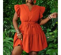 Nuovo abito mini a-line a balze con scollo a v, maniche a sbuffo, vita elasticizzata e fiocco, stile casual resort, colore verde, taglia plus - M 0XL,1XL,2XL,3XLColore unicoTessuto intrecciato