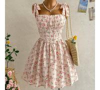 Nuovo abito mini a trapezio da principessa con lacci, dolce e carino, stile bohémien, boho, romantico floreale, per vacanze, feste floreali, appuntamenti, San Valentino, Pasqua, carnevale, tè pomeridi
