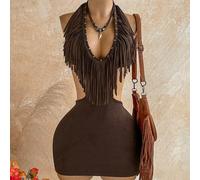 Nuovo abito mini aderente sexy con scollo a V, decorato con borchie e nappe, con dettagli traforati in vita. Adatto per spiaggia, crociera, vacanza, festival musicali, stile bohémien, resort estivi. V