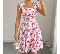 Nuovo abito mini casual ed elegante per vacanza, con stampa floreale di stile ditsy, spalle con laccio e vita con fiocco, modello a-line, per donna L,M,S,XL,XSPiante,stampa dappertuttoTessuto intrecci