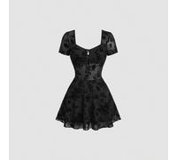 Nuovo abito mini trasparente e sensuale da donna, in in rete floccato puro, con decorazione a farfalla, a maniche corte L,M,S,XSHalloweenFloccaggio