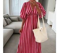 Nuovo arrivo primavera/estate Abito da donna per vacanze, abito a righe verticali rosse e rosa con maniche a palloncino, schiena incrociata, vita alta, linea ad A, stile retrò per vacanze, feste, spia