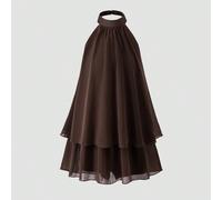 Nuovo arrivo Vestito corto in chiffon marrone scuro per ragazze pre-adolescenti, con design a collo alto e spalline scoperte che aggiungono un tocco di fascino e definiscono elegantemente la scollatur