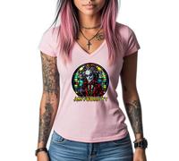Nuovo Art Society Donna Vetrata Colorata Beetlejuice Rosa Scollo A V Tee Camicia