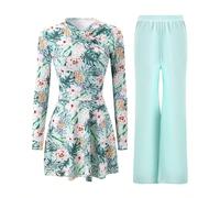 Nuovo Burkini da donna in 2 pezzi stile Medio Oriente, stampato, con pantaloni lunghi ampi, maniche lunghe, orlo arricciato a trapezio, copertura completa, conservativo, tinta unita L,M,S,XLPianteTess
