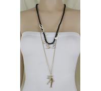 Nuovo Collana Lunga Nera Con Perle Per Donne Moda Catena Dorata Tinkerbell Cuore