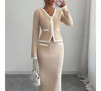 Nuovo completo autunno/inverno da donna, comodo, in maglia kaki, con scollo a V, maniche lunghe, patchwork, pizzo 3D a rose elegante, vita elastica, versatile e semplice, maglione e gonna, stile casua