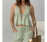 Nuovo completo casual da donna in chiffon per primavera/estate, composto da top con scollo alla halter e schiena scoperta, e pantaloni a gamba larga con tasche inclinate, 2 pezzi L,M,S,XL,XS,XXL,XXS,X