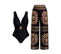 Nuovo costume da bagno intero sexy con scollo a V e pantaloncini in rete, da donna taglia comoda, costumi da bagno a due pezzi snellenti 0XL,1XL,2XL,3XL,4XLGrafico,Lettere,PianteTessuto