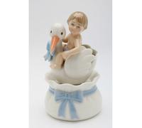 Nuovo da Collezione Porcellana Baby Boy Con Cicogna " Rock-a-Bye " Musica