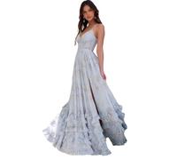 Nuovo Donna Boho Floreale Chiffon Abito Lungo Spalline Sottili con Volant A Balze Abito da Cerimonia,Blu,L