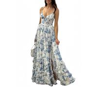 Nuovo Donna Boho Floreale Chiffon Abito Lungo Spalline Sottili con Volant A Balze Abito da Cerimonia,Bianca,XL