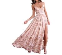 Nuovo Donna Boho Floreale Chiffon Abito Lungo Spalline Sottili con Volant A Balze Abito da Cerimonia,Rosa,XL