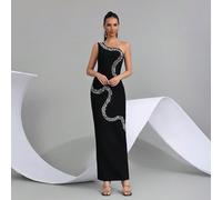 Nuovo e splendido abito lungo elegante con spalle inclinate, design di diamanti di alta qualità, che snellisce la figura, con spacco laterale, adatto per festival musicali, feste di compleanno, cene f