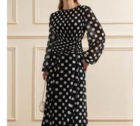 Nuovo elegante abito lungo da donna in stile francese, con collo rotondo, maniche lunghe, in chiffon con pois bianchi e neri, design plissettato asimmetrico con vita arricciata, per serate eleganti e