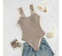 Nuovo elegante costume da bagno monopezzoY2k a righe marroni e bianche con texture grinzosa, con dettagli in oro sulle spalline, scollo quadrato e taglio alto, stile nautico retrò per un effetto snell
