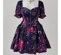 Nuovo elegante e versatile abito mini da festa con stampa cielo stellato, patchwork, design con lacci, zip frontale, collo alto, maniche a sbuffo e arricciature, adatto per feste e compleanni 0XL,1XL,