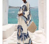 Nuovo elegante set artistico esotico da 2 pezzi con top a poncho e gonna, con base bianca, albero blu e nodo di bambù, fresco e raffinato, adatto per un picnic nel bosco L,M,S,XLGrafico,TropicaleTessu