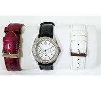 Nuovo Guess 3 PC Set Color Argento Orologio,Vino Rosso + Nero + Bianco Pelle