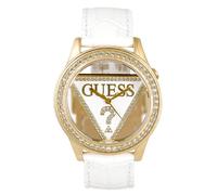 Nuovo Guess Bianco + Oro Pelle + Cristalli W/ Logo Ritaglio Quadrante Orologio