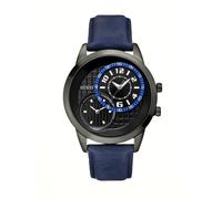 Nuovo GUESS Gunmetal Tono, Blu Navy Pelle Fascia 2 Fuso Orario Orologio U11666G3