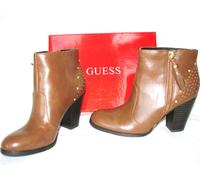Nuovo Guess Karren Marrone Similpelle + Oro Borchie Zip Bootie,Stivali,Da + Heel