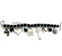 Nuovo GUESS Nero Nastro Color Argento Ciondolo Cuore, Chiave, Strass Corona