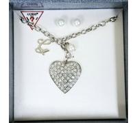 Nuovo GUESS Set Argento Collana Con a Pavé Cuore Fascino+Bianco Perla Orecchini