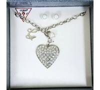 Nuovo GUESS Set Argento Collana Con a Pavé Cuore Fascino+Bianco Perla Orecchini