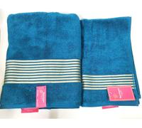 Nuovo JUICY COUTURE 2 PC Set Verde Blu, con Oro Righe Cotone Bagno, Asciugamano