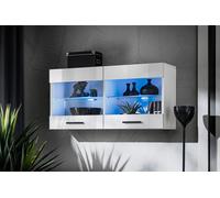 Komodee, Vetrina Savona - Armadio in vetro, Bianco/Bianco, larghezza 100 cm x altezza 50 cm x profondità 30 cm, LED Blu, 2 ripiani in vetro, 2 ante per soggiorno, cucina