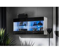 Komodee, Vetrina Savona - Armadio in vetro, Bianco/Nero, larghezza 100 cm x altezza 50 cm x profondità 30 cm, LED Blu, 2 ripiani in vetro, 2 ante per soggiorno, cucina