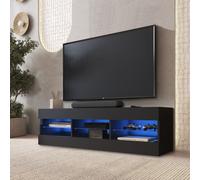 Komodee, Tivoli RTV 140, Mobile Porta TV, Nero/Nero, con Luci LED Blu, con 3 ripiani in vetro, 35 x 140 x 40,5 cm, per soggiorno, sala da pranzo e camera da letto