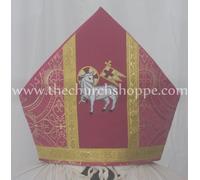 Nuovo Metallico Dark Rose Mitre Con Agnus Dei Ricamo, Mitra , Bishop's Mitre