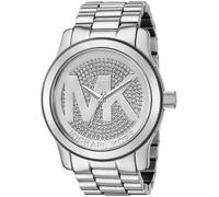 Nuovo Michael Kors Runway Color Argento, Cristallo a Pavé, Logo, Grande Orologio